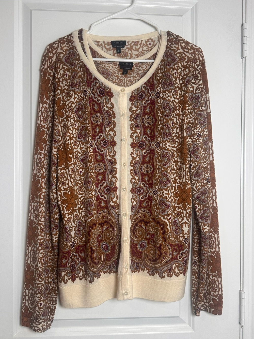 Talbots Cream, Brown & Rust Paisley Button-Front Cardigan